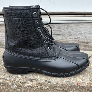 Men's Black Leather Duck Boots - Rugged Waterproof Lace-Up
